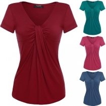 Fashion Solid Color Short Sleeve Twisted T-shirt 