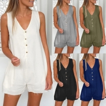 Fashion Solid Color Sleeveless V-neck Loose Romper