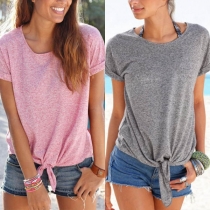 Fashion Short Sleeve Round Neck Knotted Hem T-shirt