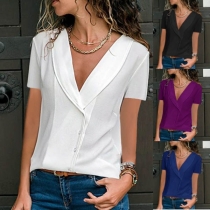 Sexy Deep V-neck Short Sleeve Solid Color Blouse