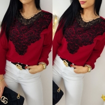 Fashion Long Sleeve Round Neck Lace Spliced Top
