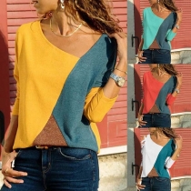 Sexy Off-shoulder Long Sleeve V-neck Contrast Color T-shirt