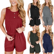 Fashion Solid Color Sleeveless Round Neck Drawstring Waist Romper