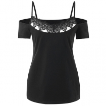 Sexy off-shoulder Short Sleeve Lace Spliced Sling T-shirt 