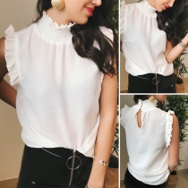Sweet Style Sleeveless Ruffle Stand Collar Top