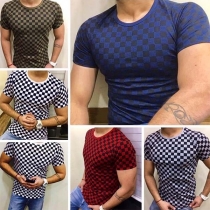 Casual Style Short Sleeve Round Neck Plaid Printed Men's T-shirt 