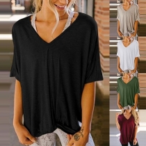 Fashion Solid Color Short Sleeve V-neck Twisted Hem T-shirt
