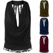 Sexy Backless Cowl Neck Lace Spliced Halter T-shirt