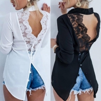 Sexy Lace Spliced Backless Long Sleeve POLO Collar Blouse