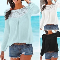 Fashion Solid Color Long Sleeve Round Neck Lace Spliced Top 