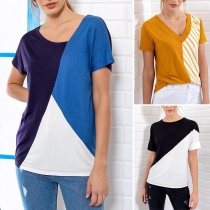 Fashion Contrast Color Short Sleeve V-neck T-shirt