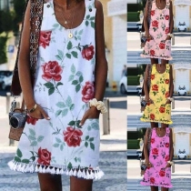 Fashion Sleeveless Round Neck Tassel Hem Printed Dress