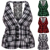 Sexy Backless Lace Spliced Single-breasted Plaid Vest(It falls small)