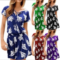 Fashion Short Sleeve V-neck Elastic Waist Printed Dress