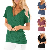 Fashion Solid Color Short Sleeve V-neck Side-button Knit T-shirt 