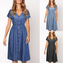 Fashion Short Sleeve V-neck Single-breasted Denim Dress
