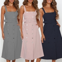 Sexy Backless High Waist Double-breasted Sling Striped Dress