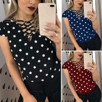 Fashion Short Sleeve Lace-up V-neck Dots Printed Top