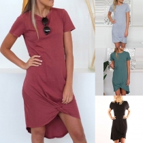 Fashion Solid Color Short Sleeve Round Neck Knotted Hem Dress