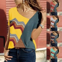 Fashion Contrast Color Oblique V-neck Short Sleeve T-shirt