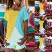 Fashion Contrast Color Short Sleeve V-neck T-shirt 
