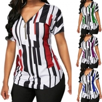 Fashion Short Sleeve Zipper V-neck Striped Printed T-shirt 