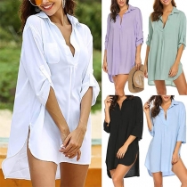 Sexy V-neck 3/4 Sleeve High-low Hem Solid Color Loose Blouse 