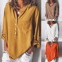 Fashion Solid Color Long Sleeve V-neck Loose Blouse 