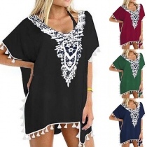 Chic Style Short Sleeve Lace Spliced Tassel Top