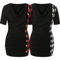 Fashion Cowl Neck Side-button Plaid Spliced T-shirt   