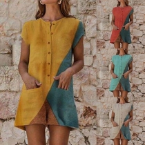Fashion Contrast Color Short Sleeve Round Neck Romper 