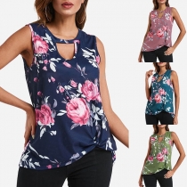 Casual Style Sleeveless Round Neck Twisted Hem Printed Top 