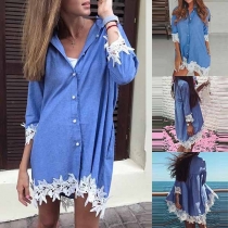 Fashion Lace Spliced 3/4 Sleeve Loose Denim Shirt 