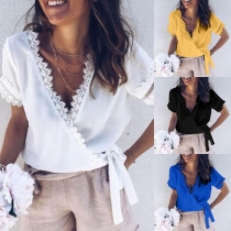 Fashion Lace Spliced Short Sleeve V-neck Lace-up Hem Top 