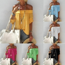 Sexy off-shoulder Boat Neck Solid Color Top 