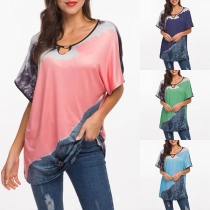 Fashion Tie-dye Printed Dolman Sleeve Loose T-shirt 