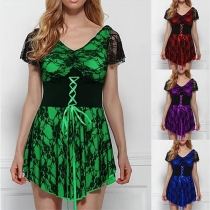 Sexy V-neck Short Sleeve High Waist Lace Spliced Dress
