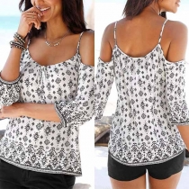 Sexy Off-shoulder 3/4 Sleeve Printed Sling T-shirt 