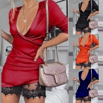 Sexy Deep V-neck Lace Spliced Hem Long Sleeve Slim Fit Dress