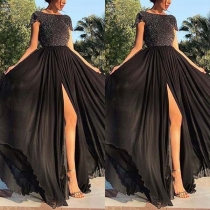 Sexy Slit Hem Short Sleeve High Waist Shinning Dress