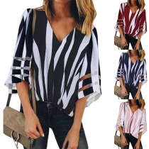 Fashion Trumpet Sleeve V-neck Striped Blouse 