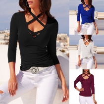 Fashion Solid Color Long Sleeve V-neck Crossover Halter T-shirt