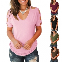 Sexy Off-shoulder Short Sleeve V-neck Solid Color T-shirt 