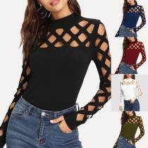 Sexy Hollow Out Long Sleeve Solid Color Slim Fit T-shirt 