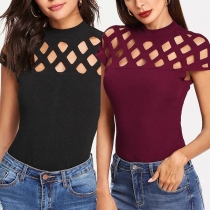 Sexy Hollow Out Short Sleeve Solid Color Slim Fit T-shirt 