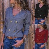 Fashion Long Sleeve V-neck Double-breasted T-shirt 