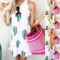 Simple Style Sleeveless Round Neck Cactus Printed Dress