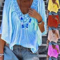 Fashion Solid Color Half Sleeve Lace Spliced V-neck Top 