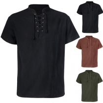 Fashion Solid Color Short Sleeve Lace-up Men's T-shirt