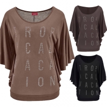 Fashion Rhinestone Letters Dolman Sleeve Loose T-shirt 